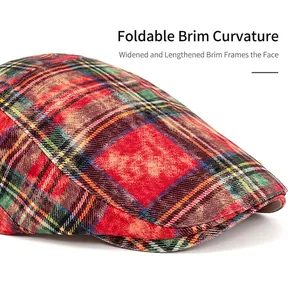 British style plaid ivy cap with foldable brim and vintage red check wool texture