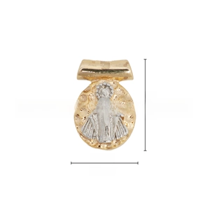 Detail view of oval religious pendant with 18k gold plating and silver Mary relief