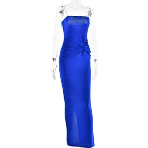 Detail of the blue strapless evening maxi dress with waist knot and slim fit silhouette