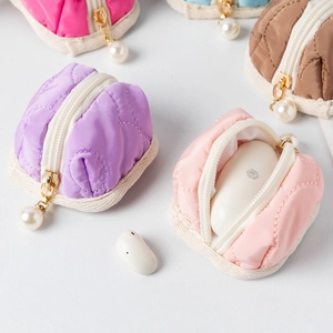 Quilted cotton mini storage pouch for earphones in macaron colors with pearl zipper pull