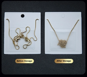 Detail showing self-adhesive jewelry storage card preventing chain tangling on gold necklaces