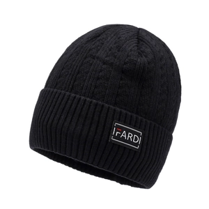 Men's black knitted beanie hat with thick cable knit and IFARDI label for winter warmth