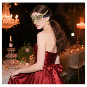 Detail of gold lace masquerade mask and star earrings on a model in luxury gala setting
