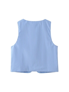 Detailed back view of sleeveless blue and light gray vertical striped vest top