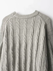 Detail of grey cable knit sweater showing round ribbed neckline and thick texture