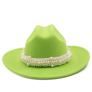 Neon green wool felt jazz hat with elegant pearl band decoration for parties