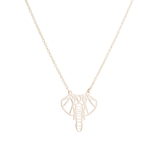 Detailed view of hollow origami elephant pendant necklace in polished rose gold finish