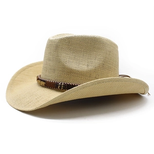 Ethnic western cowboy sun hat with golden leaf metal pendant and woven decorative band
