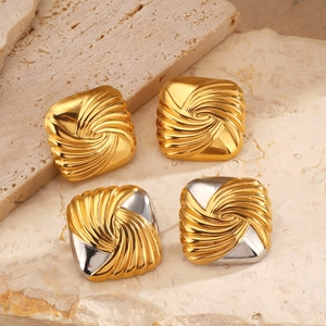 Geometric Square Stud Earrings Stainless Steel Vacuum Plated Gold Swirl Texture Hip Hop Fashion Jewelry For Women