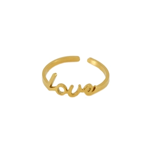 Adjustable golden stainless steel open ring featuring a stylish handwritten Love design