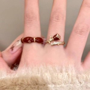 14K gold-plated oval open ring with vintage enamel bow and rose flower design