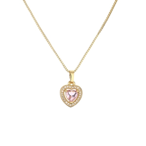 Minimalist gold necklace with a pink heart pendant and micro-pave cubic zirconia crystals