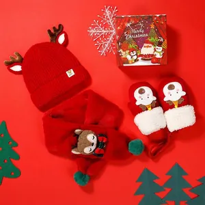 3-piece baby Christmas set with reindeer hat, scarf and gloves in festive red