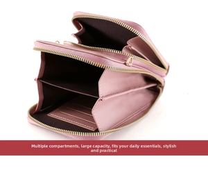 Detail view of pink crossbody bag with double zipper and multi-slot interior organizer