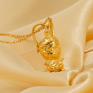 3D Gold plated stainless steel Sun Wukong pendant necklace with detailed crown on silk