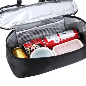 Double-layer insulated black cooler bag with mesh pocket and spacious thermal interior