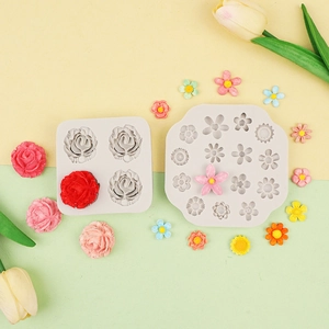 Detail view of silicone rose and mixed flower molds for fondant and chocolate DIY crafts