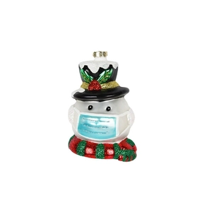 Sparkly glass snowman ornament with blue face mask and festive striped scarf