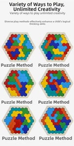 Six different logic puzzle solutions for hexagonal wooden geometric building blocks
