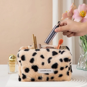 Leopard print plush makeup bag for travel, soft storage pouch on a ripple base with flowers