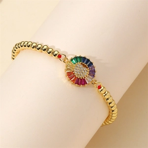 Golden heart bracelet with rainbow zircon pendant and beaded adjustable design