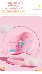 Pink silicone swim cap for girls with mermaid and reef pattern on 3D creative display