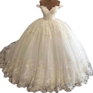 Elegant white lace ball gown wedding dress with off-the-shoulder design and mesh layers