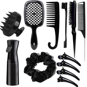 Professionelles 11-teiliges schwarzes Haarstyling-Set mit Bürsten, Kamm und Sprühflasche