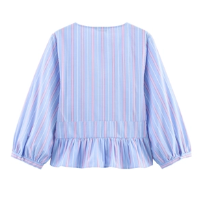 Women's casual light blue striped long sleeve blouse with peplum hem and bow detail