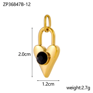 Golden heart-shaped stainless steel padlock pendant with a black gemstone, size 2.0x1.2cm