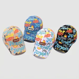Kids baseball hats with colorful graffiti prints and leather patches in four distinct colors