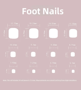Size chart showing 12 different dimensions for pink floral square press-on toenails