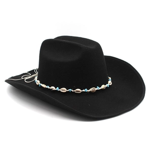 Western Cowboy Hat Wool Felt Wide Brim Ethnic Bohemian Shell Turquoise Bead Band Retro Outdoor Fedora For Men Women