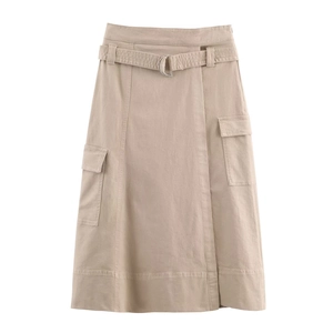 Gonna Midi Cargo Donna Vita Alta Tinta Unita Tessuto Twill Con Cintura Tasche Laterali Stile Casual Streetwear