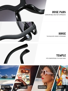 Detail view of black fashion sunglasses with integrated nose pads and lifestyle usage scenes