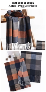 Detailed close-up of checkerboard scarves with soft tassels and woven texture