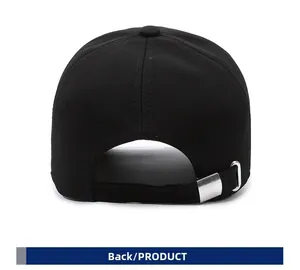 Detailed back view of black cotton baseball cap with adjustable silver metal buckle