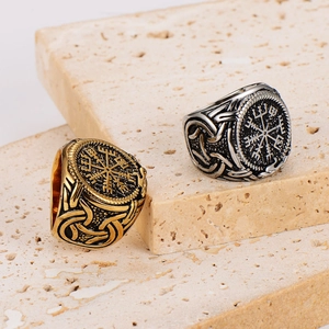 Retro Viking compass stainless steel ring in gold and silver finish on stone base