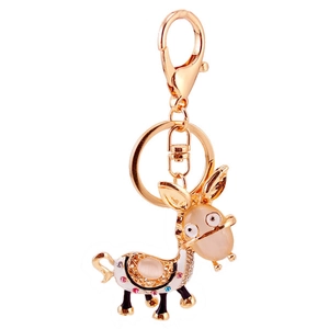 Cute cartoon donkey keychain with yellow cat-eye stone and colorful rhinestones in gold finish