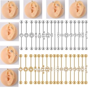 Industrial Barbell Earrings Stainless Steel Rhinestone Flower Cartilage Piercing Body Jewelry Minimalist Simple Unisex