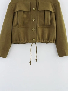 Detail of army green cropped jacket with large utility pockets and adjustable drawstring hem