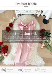 Detail view of pink satin lace sleepwear with delicate stitching and imitation silk fabric