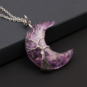 Handmade silver wire tree of life crescent moon necklace with purple amethyst crystal