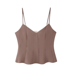 Brown V-neck camisole top with thin straps and structured vertical seam detailing