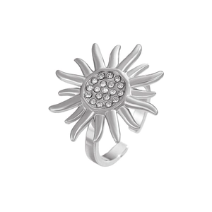 Detail of adjustable sunflower ring featuring radiant metal rays and pavé crystal center
