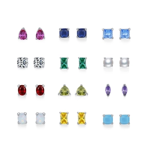 Set of 12 pairs of S925 sterling silver stud earrings with colorful December birthstones
