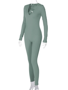 Close-up of ribbed texture and deep V-neckline on this slim fit grey-green bodysuit