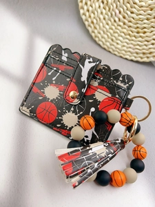 Detail of basketball themed PU card holder with Jumpman logo and beaded tassel keychain