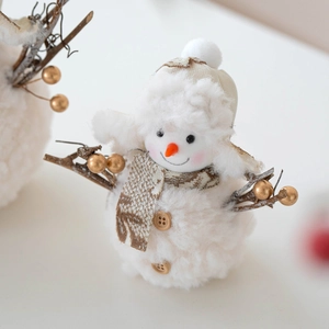 Golden plush Christmas snowman doll with brown checkered scarf for festive table decoration