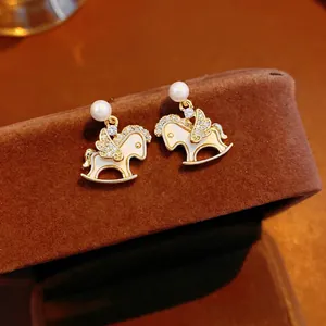 Rocking Horse Drop Earrings With Zircon Shell Artificial Pearl Inlay 14K Gold Plated Copper And Silver Earring Post Elegant For Women
